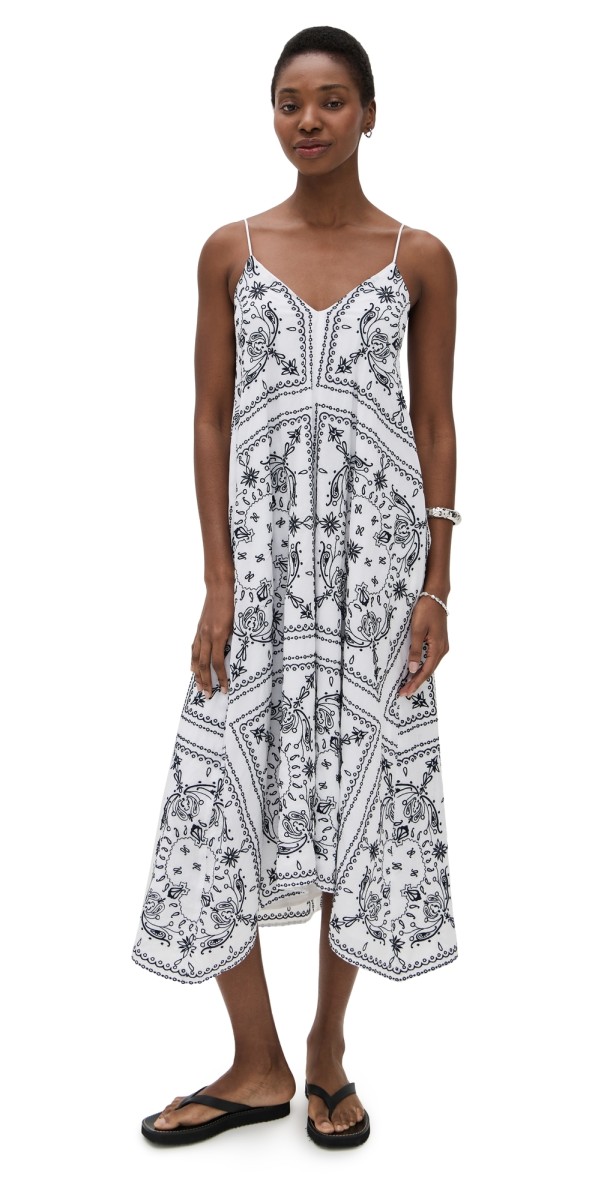 Madewell Embroidered Deep V Neck Midi Dress White With Navy Bandana Emb