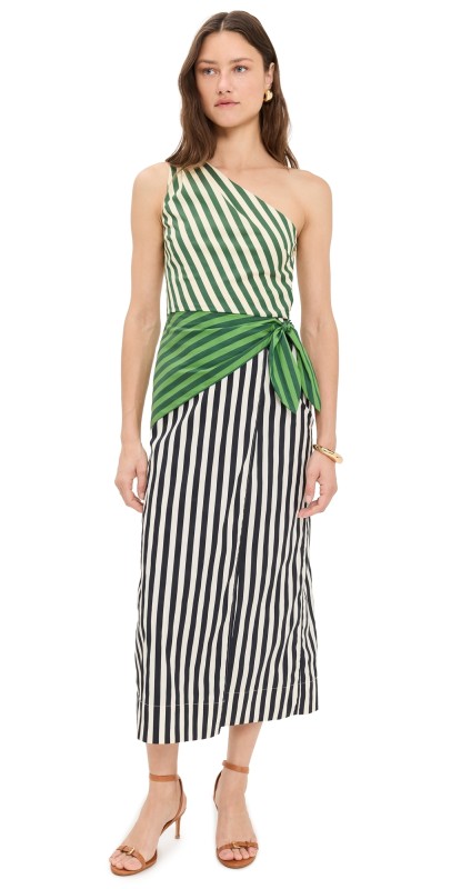 SIMONMILLER Belem Poplin Midi Dress Green Multi Stripe Combo