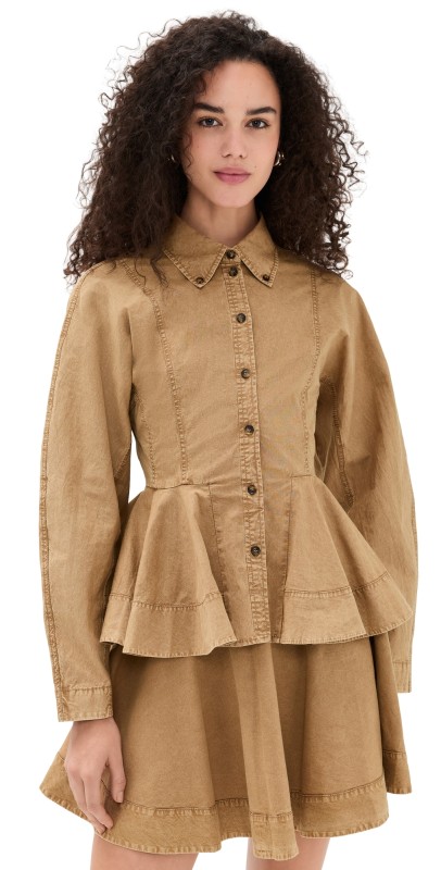 GANNI Washed Stretch Cotton Peplum Shirt Lark
