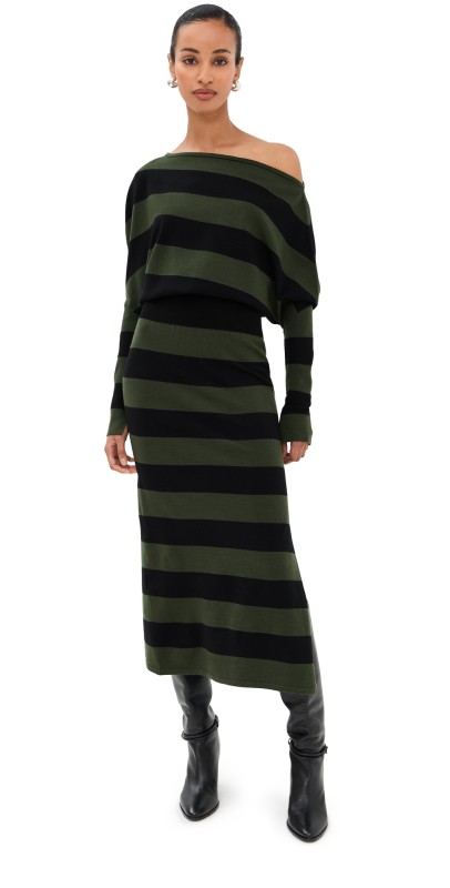 SIMKHAI Janese Off Shoulder Midi Dress Cypress Stripe