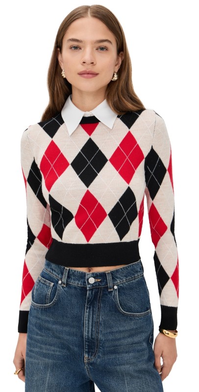 alice + olivia Carolann Argyle Pullover With Woven Collar Oatmeal Htr/Black/Perfect Ruby