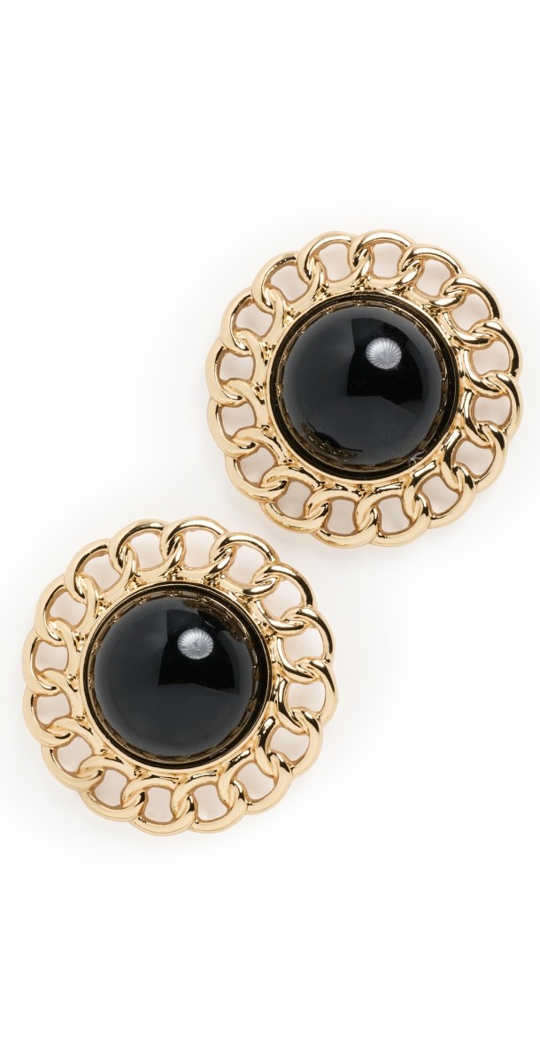 Kenneth Jay Lane Small Polished Gold Braided Edges with Center Button Earrings Black
