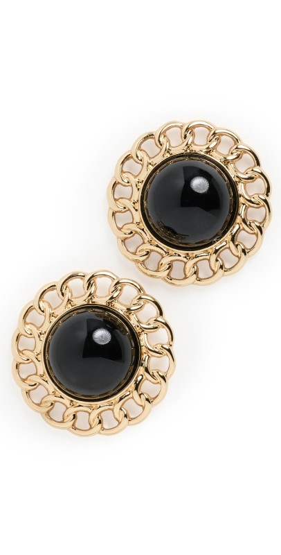 Kenneth Jay Lane Small Polished Gold Braided Edges with Center Button Earrings Black