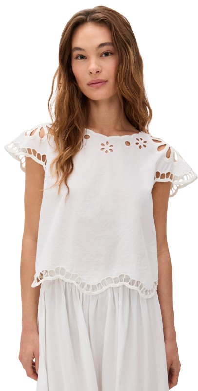 THE GREAT. The Super Bloom Eyelet Top White
