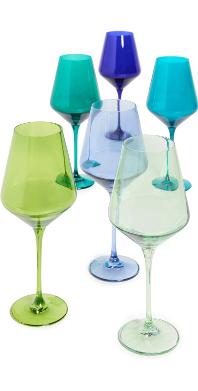 Estelle Colored Glass Stemware Set of 6 E Grn/C Bl/M Grn/F Grn/R Bl/Tl