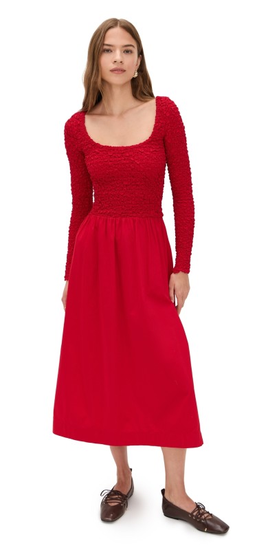 Damson Madder Malinda Super Smocked Midi Dress Red