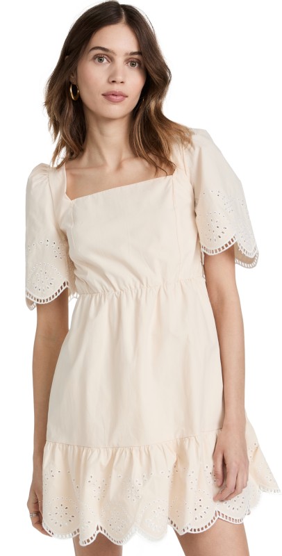 English Factory Embroidered Ruffle Mini Dress Beige