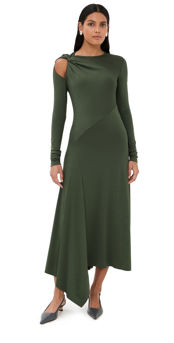 Victoria Beckham Twist Armhole Detail Midi Dress Oregano