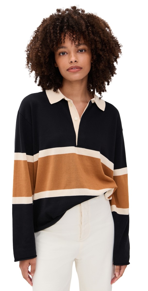 THE GREAT. The Rugby Sweater Black w/ Bronze Stripe