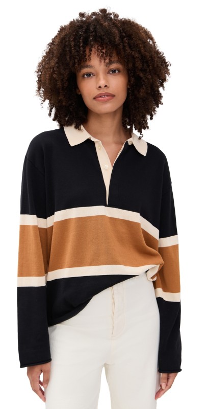 THE GREAT. The Rugby Sweater Black w/ Bronze Stripe