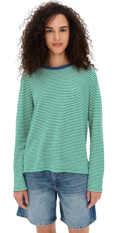 Clare V. Long Sleeve Tee Green/Cream Mini Stripe