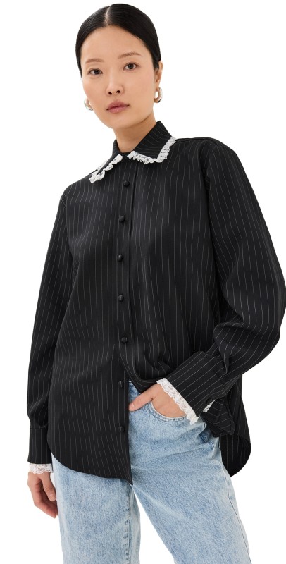 Tanner Fletcher Pippa Lace Trim Pinstripe Button Down Shirt Black Pinstripe