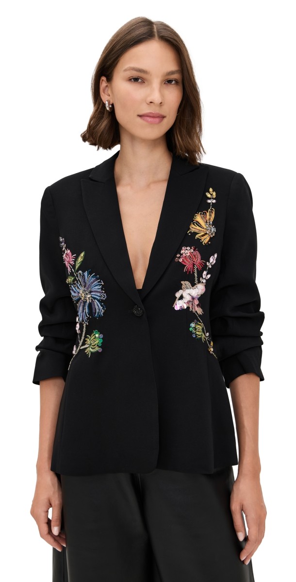 Cinq à Sept Floral Mixed Media Scrunched Cheyenne Blazer Black/Multi