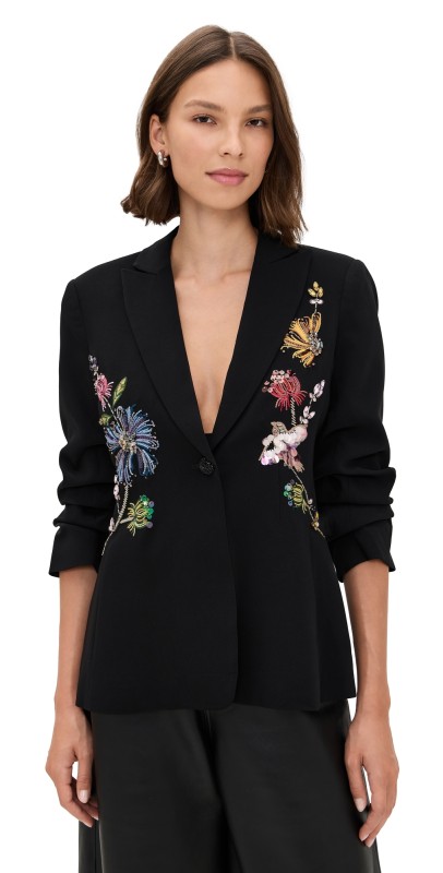 Cinq à Sept Floral Mixed Media Scrunched Cheyenne Blazer Black/Multi