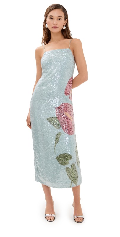 FARM Rio Anthurium Flowers Slip Maxi Dress Anthurium Flowers Blue