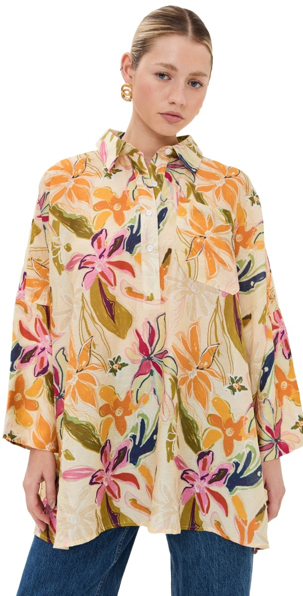 La Vie Style House Brushed Floral Boyfriend Shirt Tan Mult