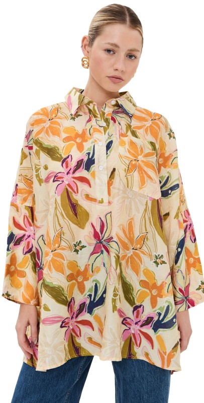La Vie Style House Brushed Floral Boyfriend Shirt Tan Mult