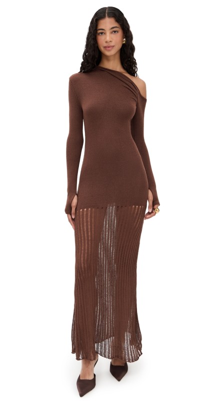 Seven Wonders Greta One Shoulder Knit Maxi Dress Chocolate