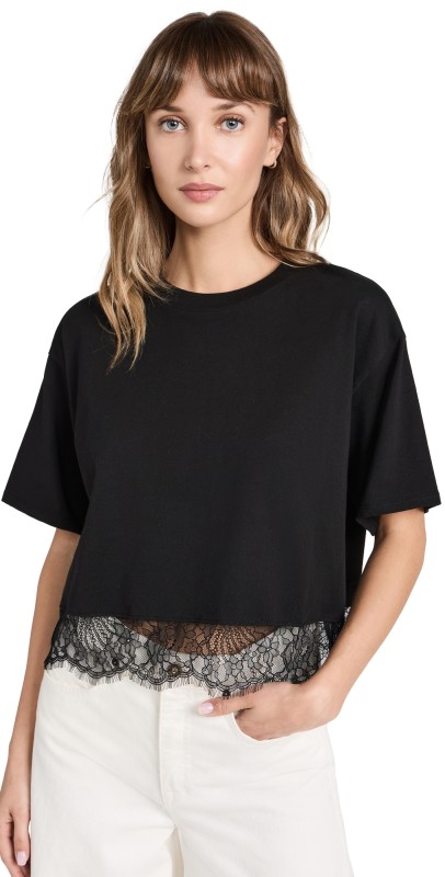 ATM Anthony Thomas Melillo Heavy Jersey Short Sleeve Lace Detail Top Black