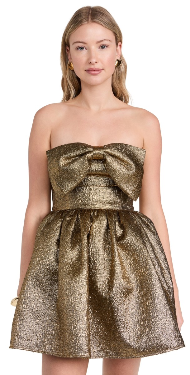 Self Portrait Gold Metallic Jacquard Mini Dress Gold
