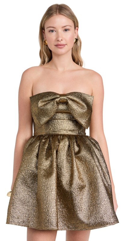 Self Portrait Gold Metallic Jacquard Mini Dress Gold