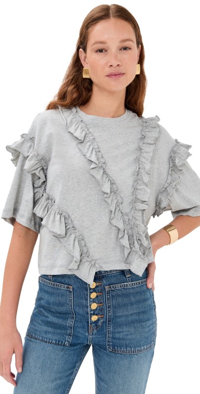 Ulla Johnson Sydney Short Sleeve Ruffle Tee Slate Melange