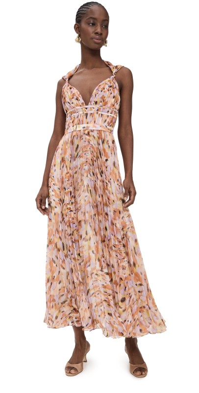 AMUR Neve Pleated Chiffon Dress Pebble Beach