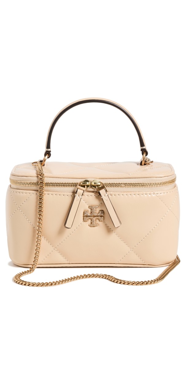 Tory Burch Kira Pave Logo Diamond Quilt Vanity Case Vanilla Soft Serv