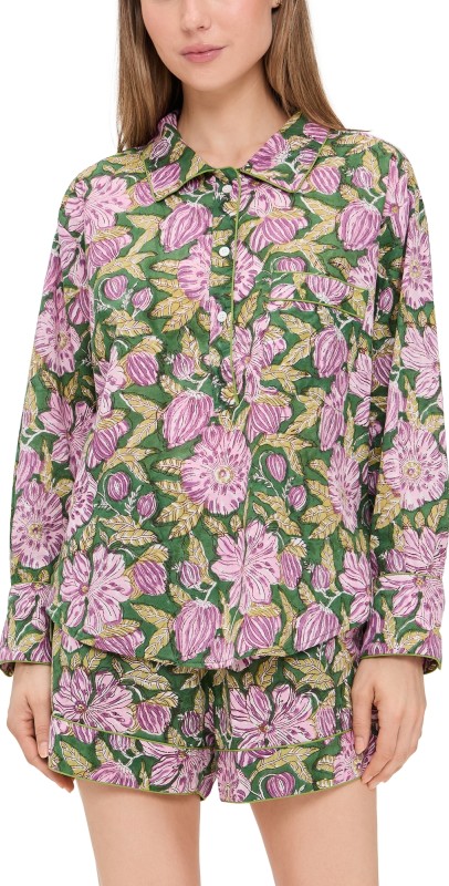 Folkloore Shorts Pajama Set Purple Flowers Print w/ Green