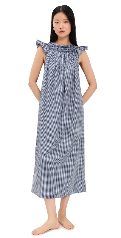 Folkloore Malagasy Smocked Nightdress Blue Vichy w/ White Embroidery