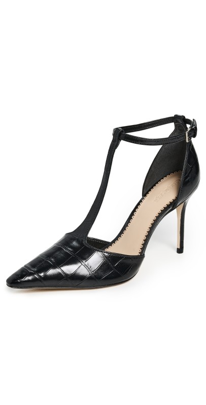 Cinq à Sept Clara Croco T Strap Pumps Black