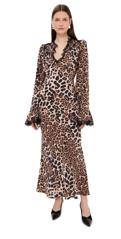 Rodarte Leopard Silk Dress With Bell Sleeves And Black Lace Details Brown