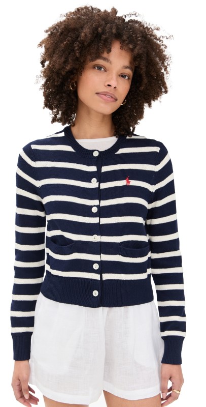 Polo Ralph Lauren Cotton Jersey Stripe Cardigan Navy/White Multi