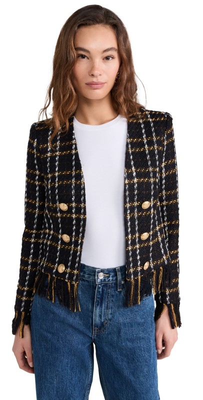 L'AGENCE Belmont Fringe Jacket Black Yellow Multi Plaid