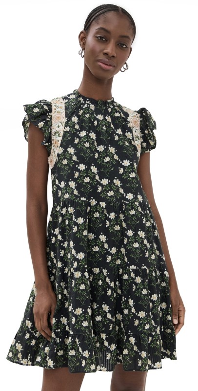 Sea Elizabeth Print Mini Flutter Sleeve Dress Black