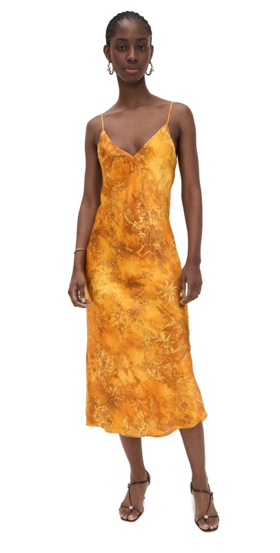 L'AGENCE Seridie Midi Slip Dress Gold Jungle Toile