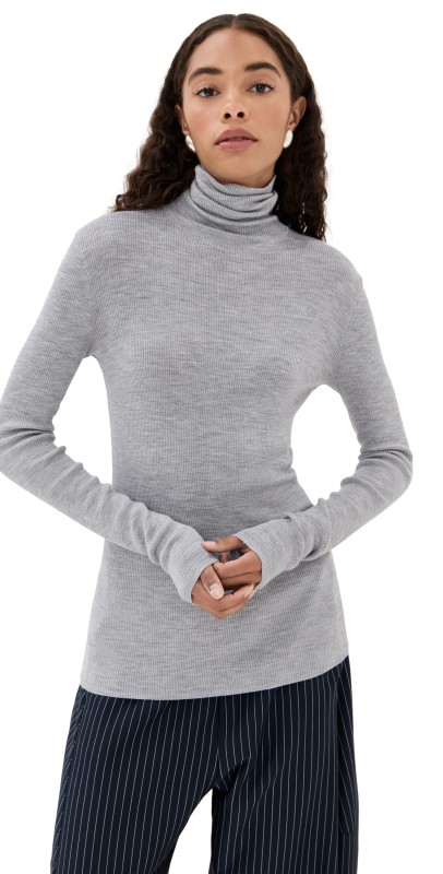 Tibi Feather Weight Ribbed Sweater Turtle Neck Pullover Black