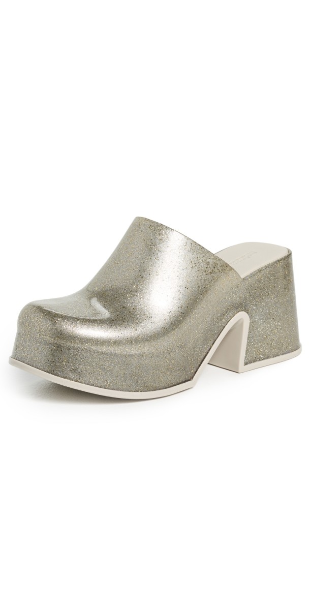 Melissa Mia Platform Clogs Golden Glitter Glass