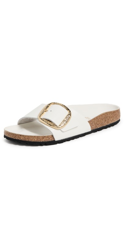 Birkenstock Madrid Big Buckle Gold Hammered Sandals Antique White