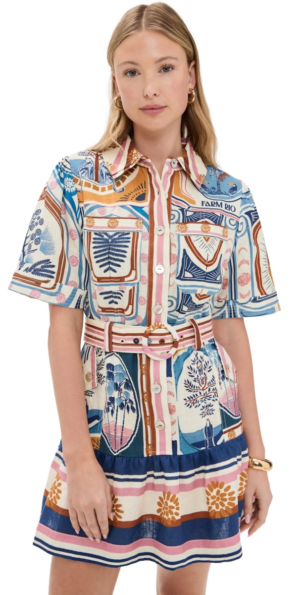 FARM Rio Cerrado Stamps Cream Short Sleeve Mini Dress Cerrado Stamps Cream