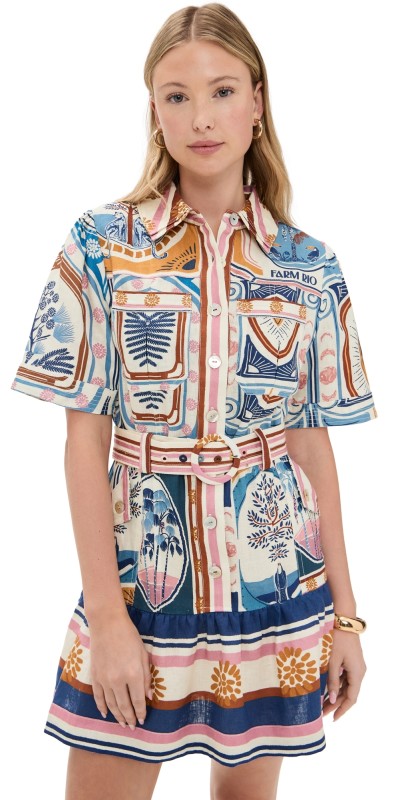 FARM Rio Cerrado Stamps Cream Short Sleeve Mini Dress Cerrado Stamps Cream