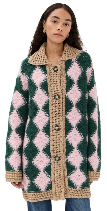 La DoubleJ Crochet Bowling Cardigan Multi Pink/Dark Green/Beige
