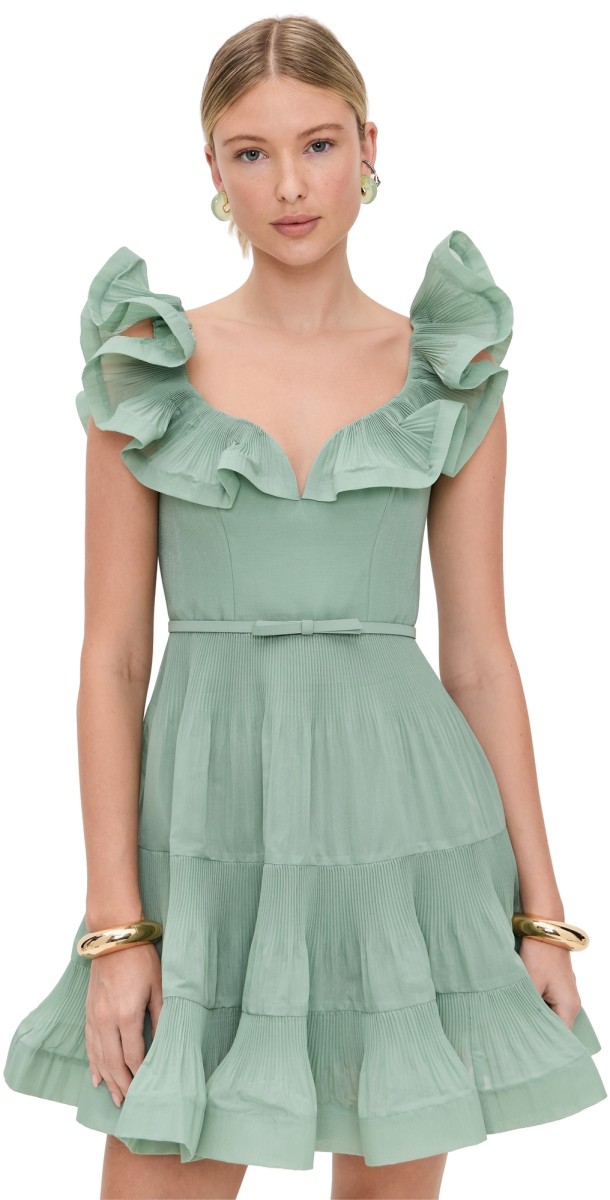 Zimmermann Pleated Frill Mini Dress Eucalyptus