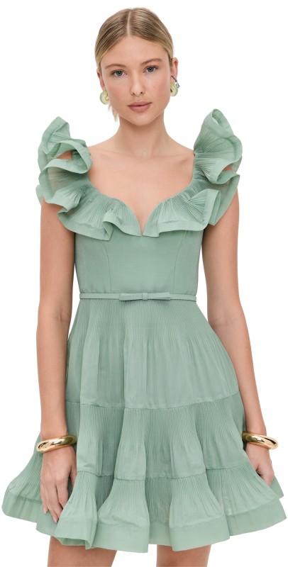 Zimmermann Pleated Frill Mini Dress Eucalyptus