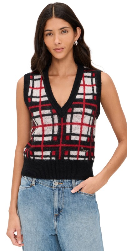 RE/DONE Tartan V Neck Vest Black/Red/White