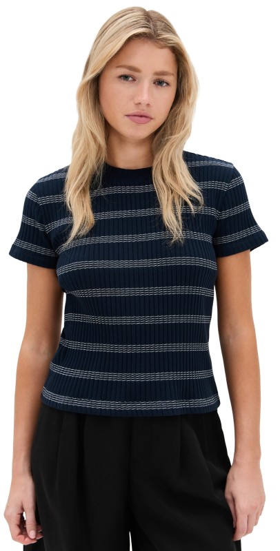 Vince Striped Short Sleeve Crew Top Coastal Combo