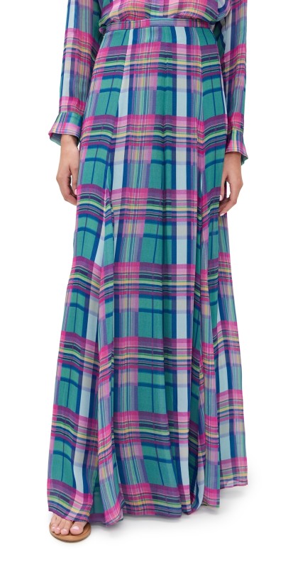 L'AGENCE Patrica Full Maxi Skirt Multi Colorful Plaid