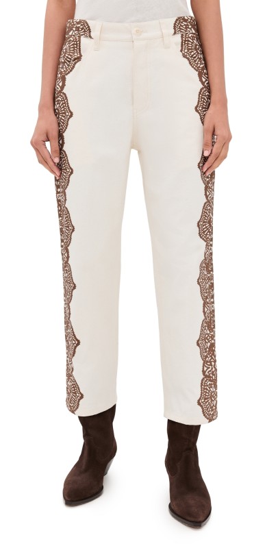 THE GREAT. The Lace Print Wayne Jeans Cream With Brown