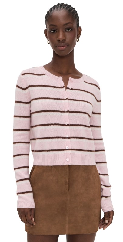 Reformation Clara Cashmere Crew Cardigan Cherry Blossom Stripe