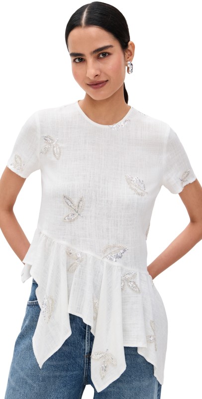 Marques'Almeida Linen Cap Sleeve Top with Embroidered Sequins White